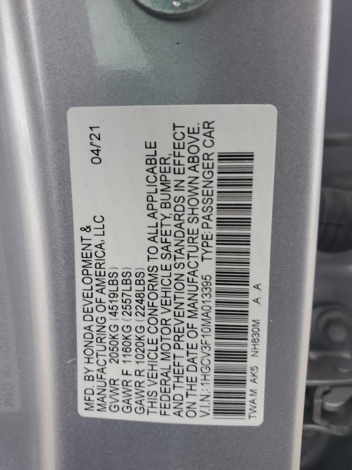 2021 Honda Accord VIN 1HGCV3F10MA013395 Copart auction photo, rear end / undercarriage damage thumbnail 12