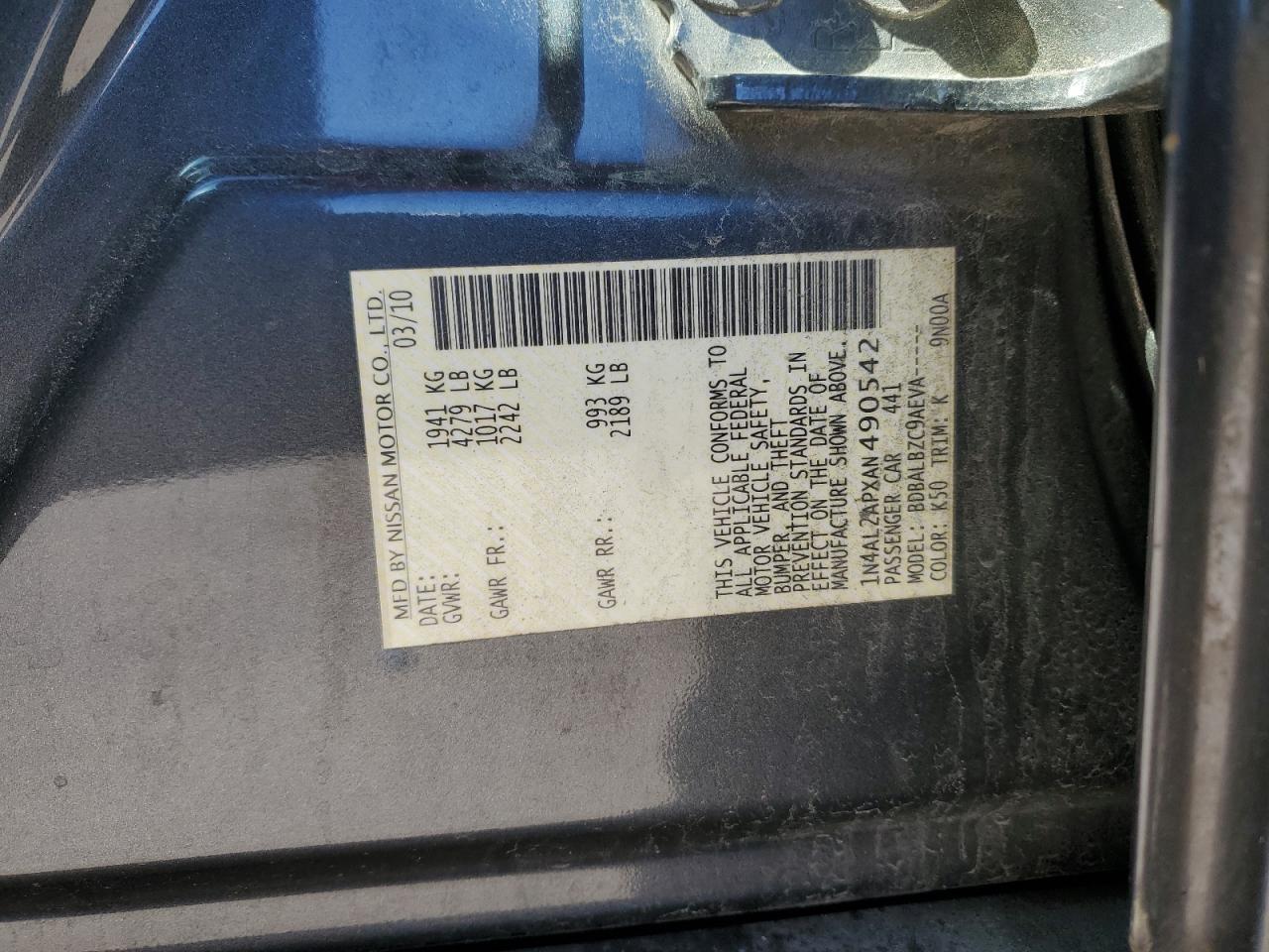 2010 Nissan Altima VIN 1N4AL2APXAN490542 Copart auction photo, front end damage thumbnail 14