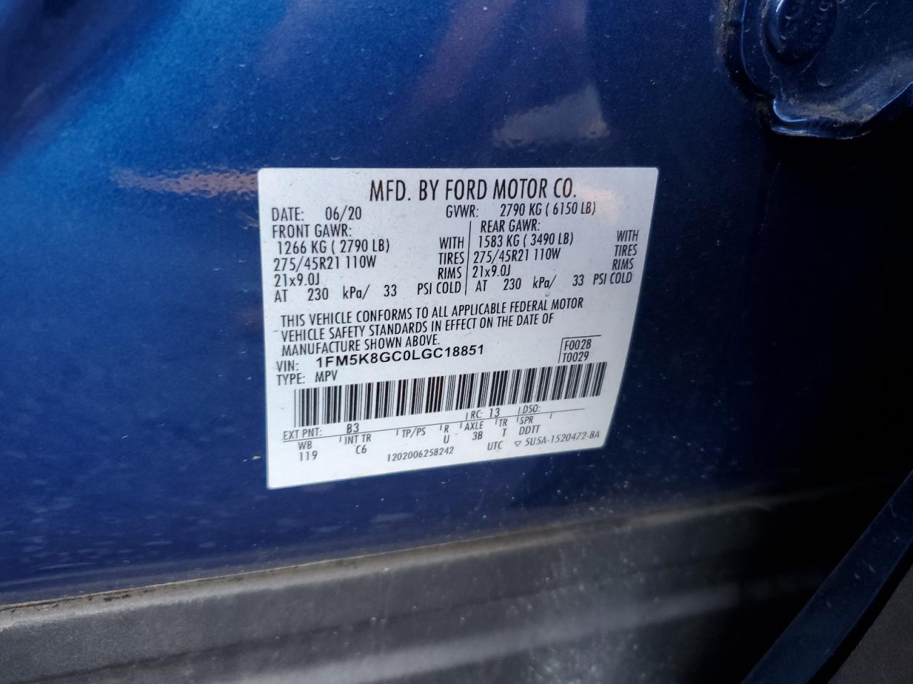 2020 Ford Explorer VIN 1FM5K8GC0LGC18851 Copart auction photo, front end damage thumbnail 13