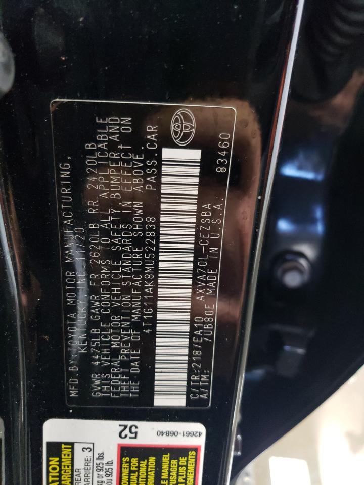 2021 Toyota Camry VIN 4T1G11AK8MU522838 Copart auction photo, front end / side damage thumbnail 12
