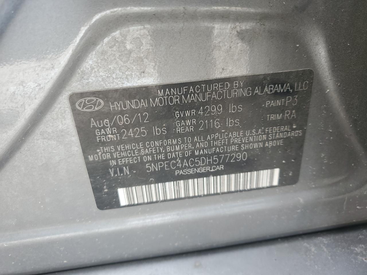 2013 Hyundai Sonata VIN 5NPEC4AC5DH577290 Copart auction photo, all over damage thumbnail 14