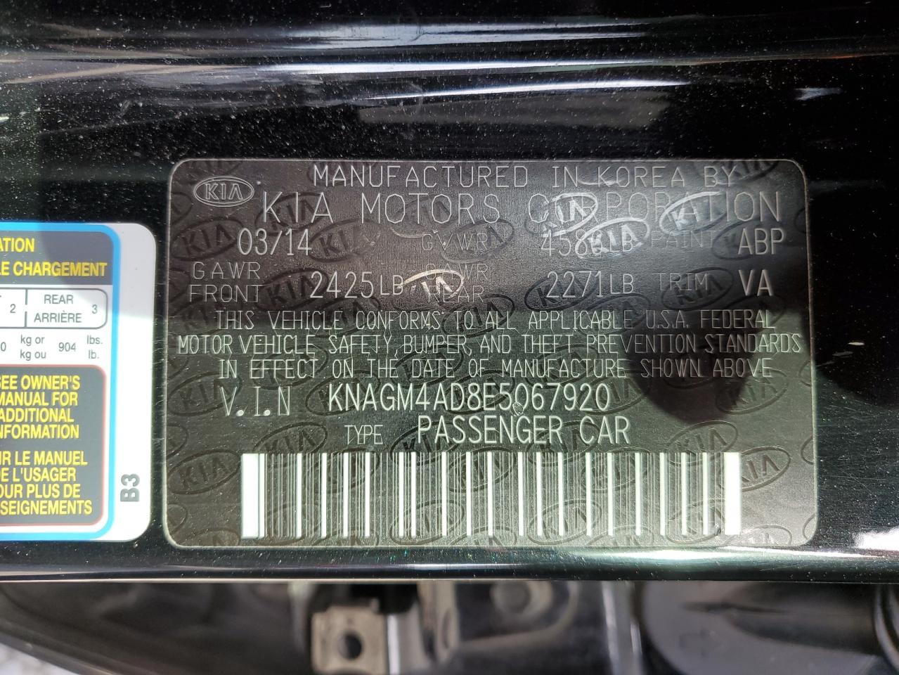 2014 KIA Optima VIN KNAGM4AD8E5067920 Copart auction photo, rear end damage thumbnail 12