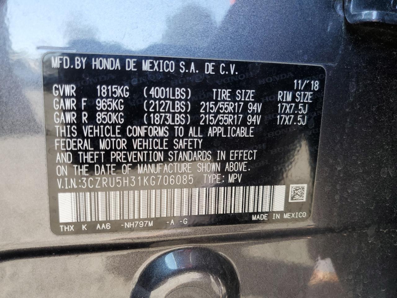2019 Honda HR-V VIN 3CZRU5H31KG706085 Copart auction photo, all over damage thumbnail 13