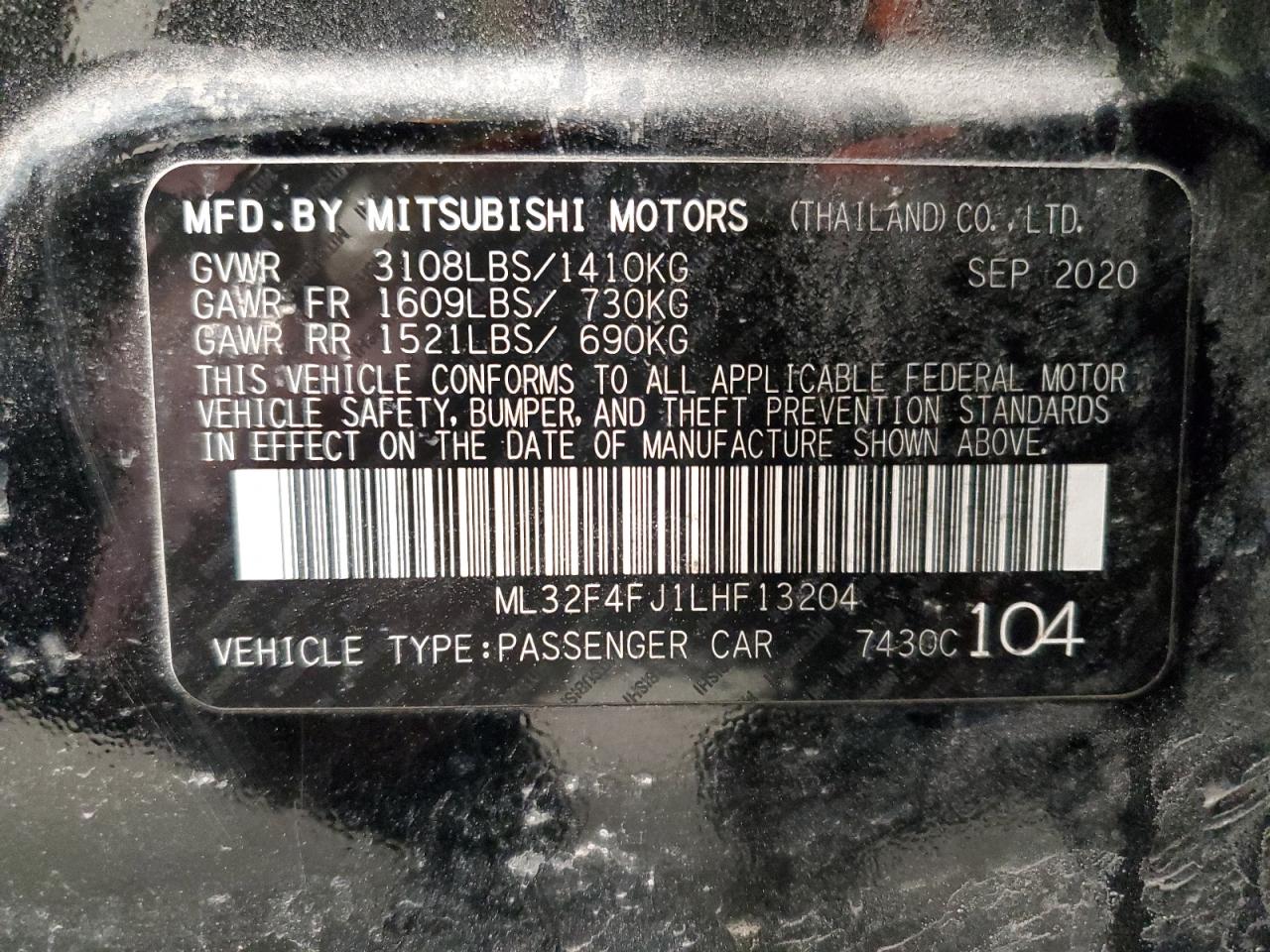 2020 Mitsubishi Mirage VIN ML32F4FJ1LHF13204 Copart auction photo, front end / rear end damage thumbnail 14