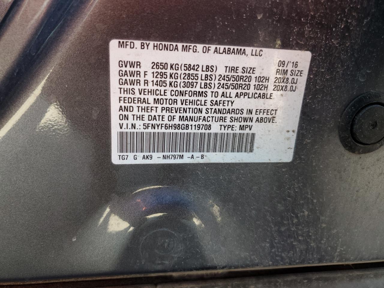 2016 Honda Pilot VIN 5FNYF6H98GB119708 Copart auction photo, front end damage thumbnail 15