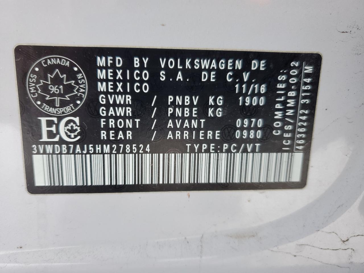 2017 Volkswagen Jetta VIN 3VWDB7AJ5HM278524 Copart auction photo, front end / side damage thumbnail 12