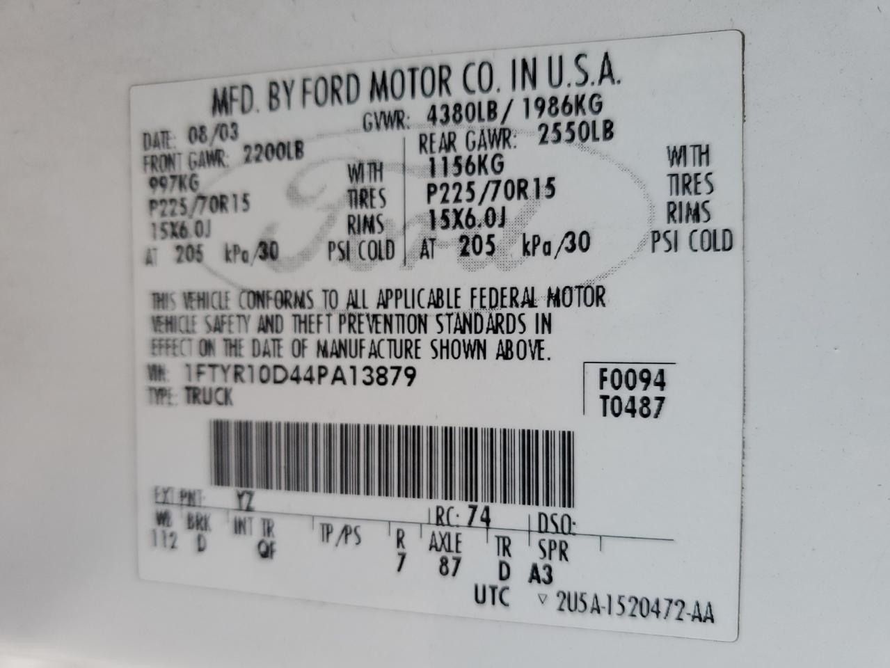 2004 Ford Ranger VIN 1FTYR10D44PA13879 Copart auction photo, mechanical / minor dent/scratches damage thumbnail 12