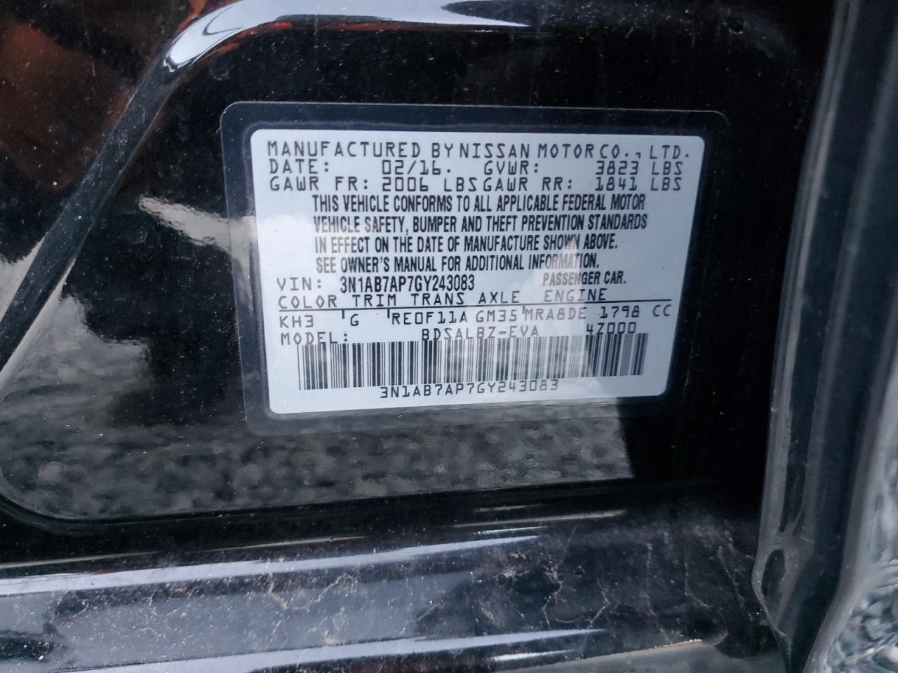 2016 Nissan Sentra VIN 3N1AB7AP7GY243083 Copart auction photo, all over / damage history damage thumbnail 13