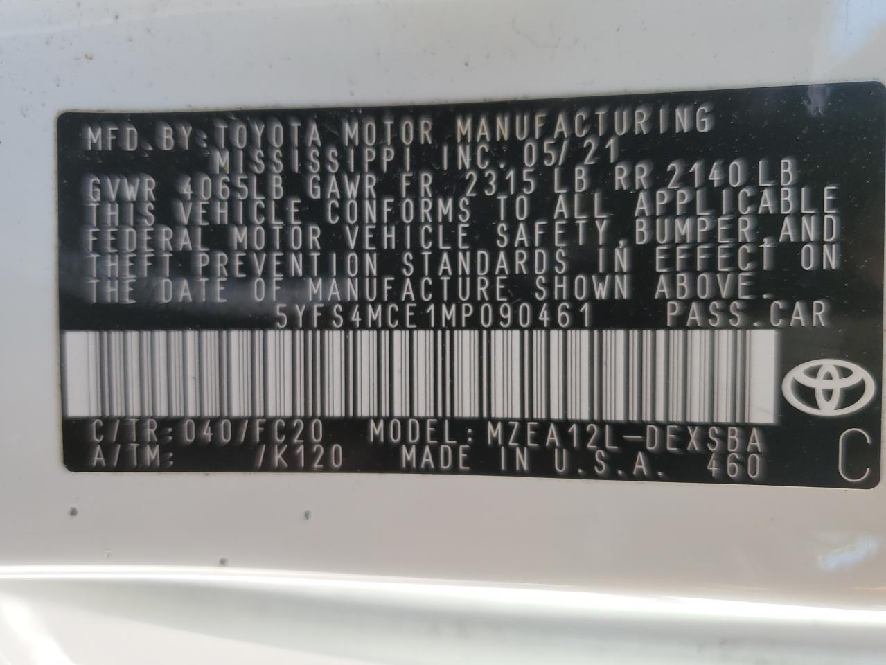 2021 Toyota Corolla VIN 5YFS4MCE1MP090461 Copart auction photo, front end damage thumbnail 12