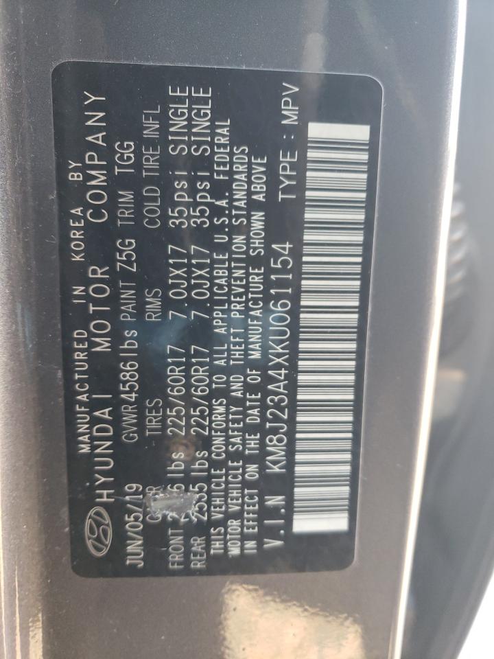 2019 Hyundai Tucson VIN KM8J23A4XKU061154 Copart auction photo, front end / side damage thumbnail 14