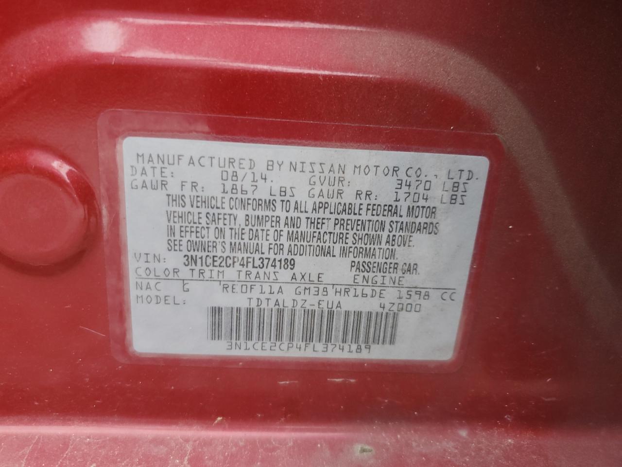 2015 Nissan Versa VIN 3N1CE2CP4FL374189 Copart auction photo, minor dent/scratches / normal wear damage thumbnail 12