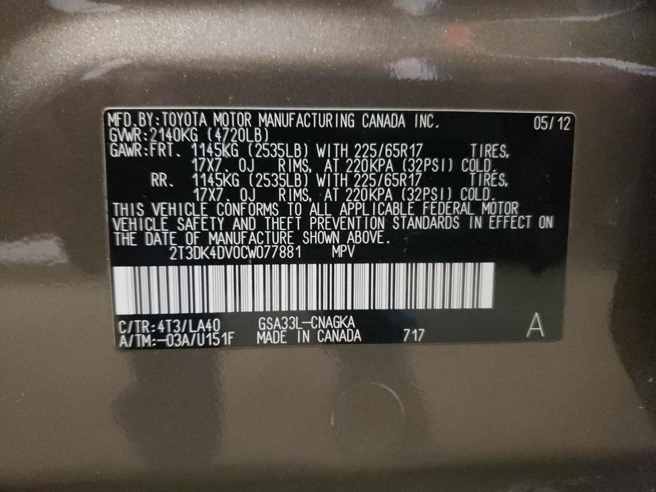 2012 Toyota RAV 4 VIN 2T3DK4DV0CW077881 Copart auction photo, front end / rear end damage thumbnail 13