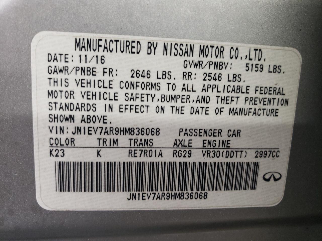 2017 Infiniti Q50 VIN JN1EV7AR9HM836068 Copart auction photo, all over damage thumbnail 12