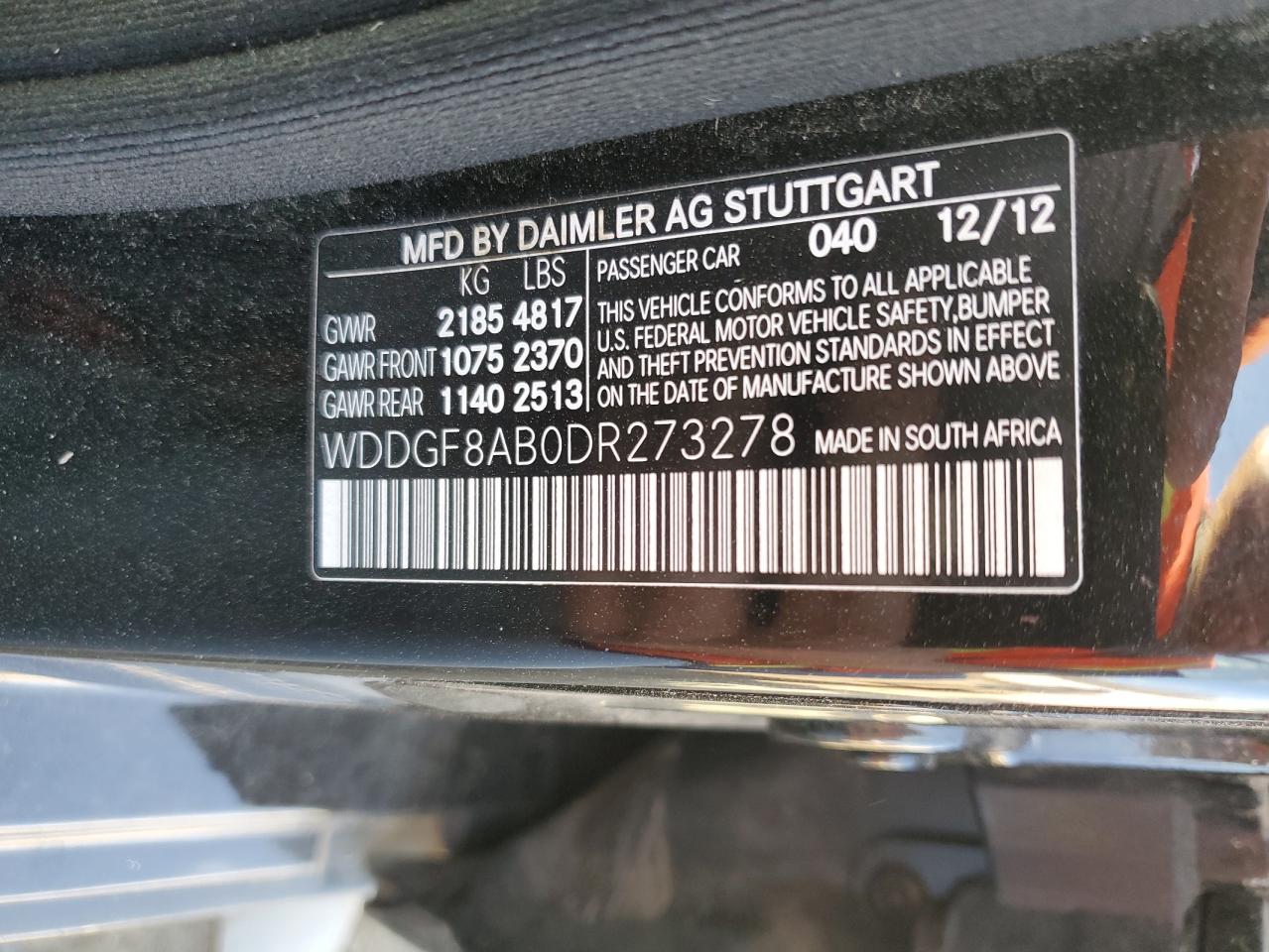 2013 Mercedes-Benz C-klasse VIN WDDGF8AB0DR273278 Copart auction photo, front end / rear end damage thumbnail 14