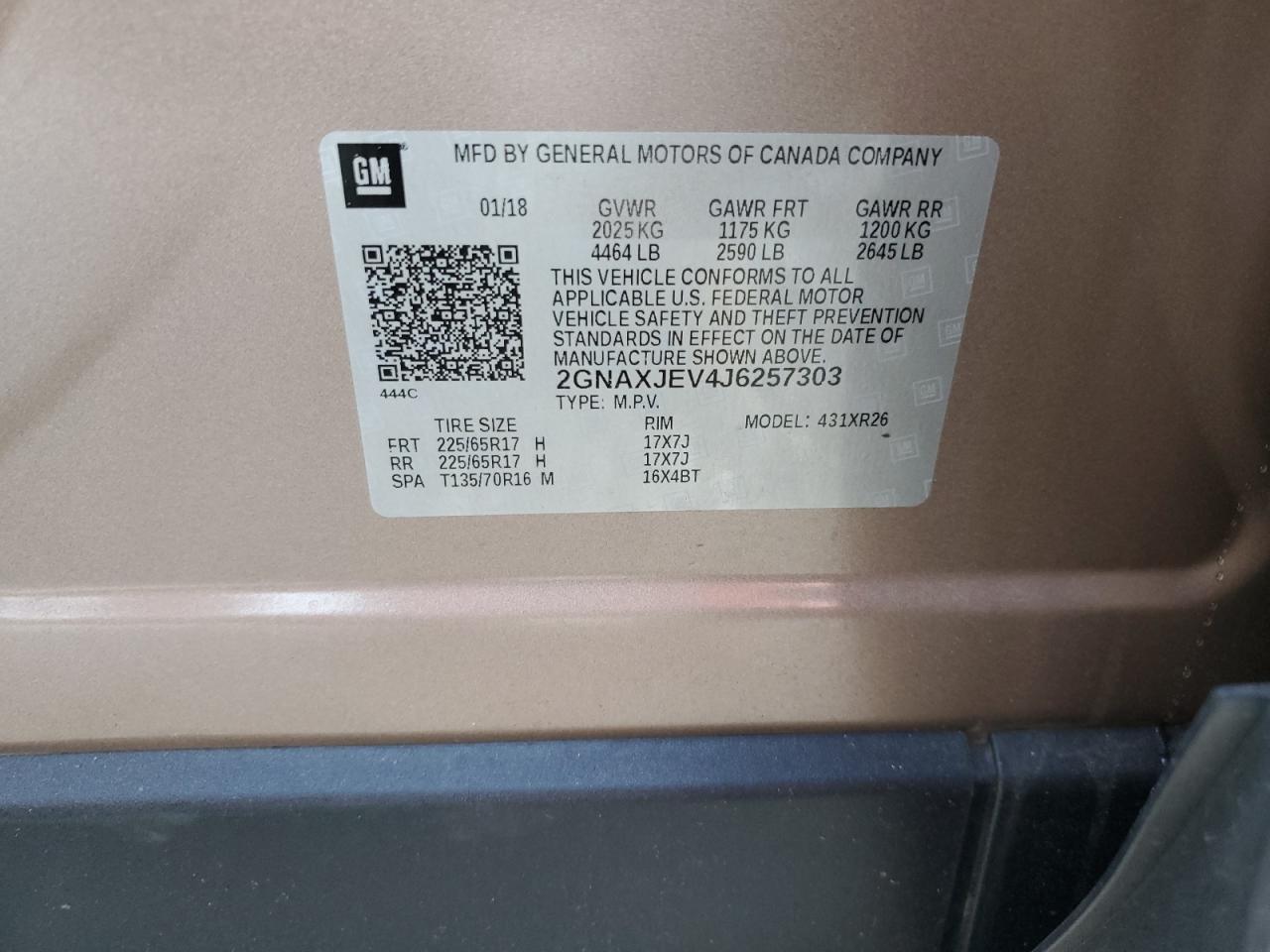 2018 Chevrolet Equinox VIN 2GNAXJEV4J6257303 Copart auction photo, front end damage thumbnail 15