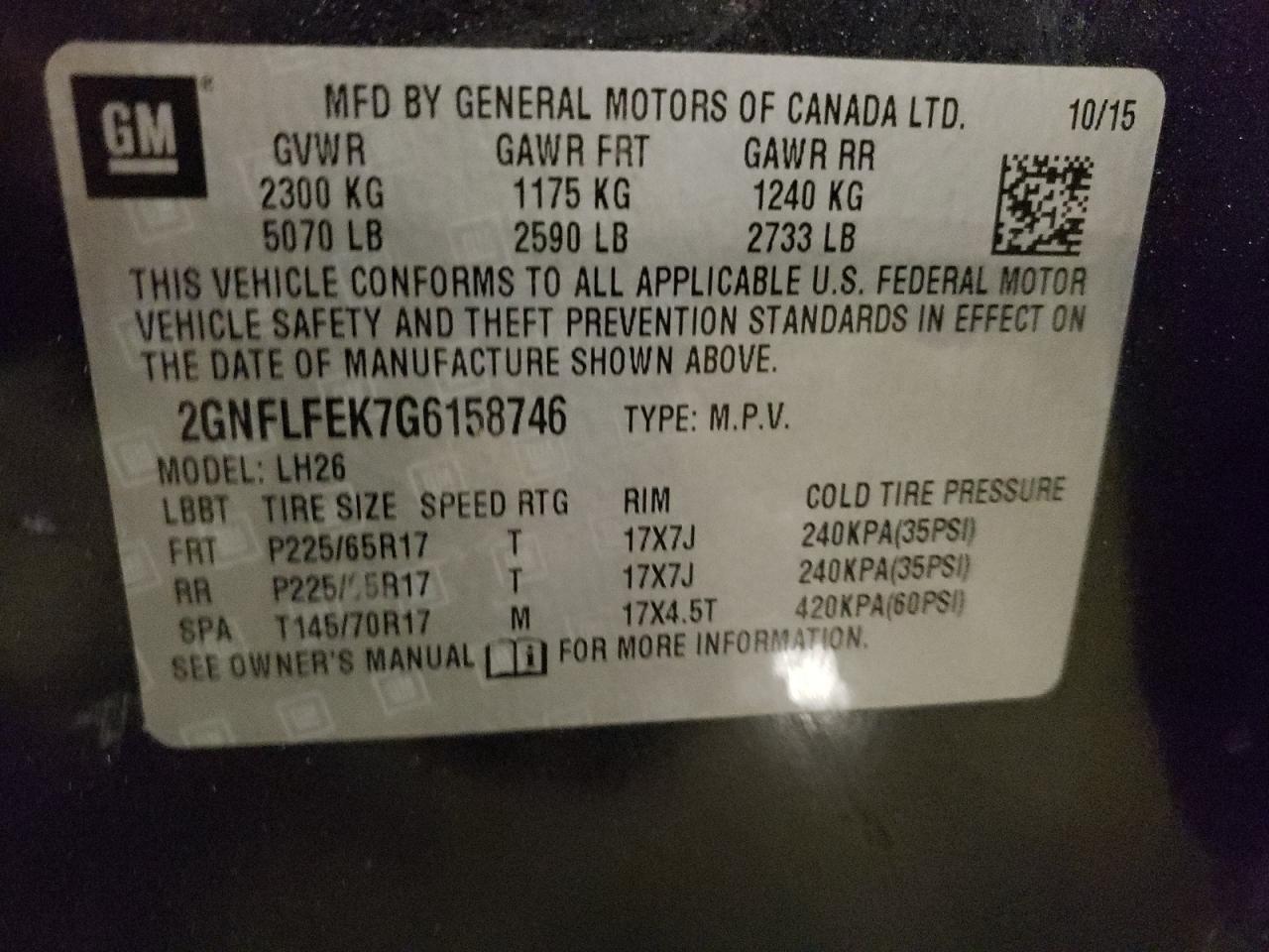 2016 Chevrolet Equinox VIN 2GNFLFEK7G6158746 Copart auction photo, side / rear end damage thumbnail 15