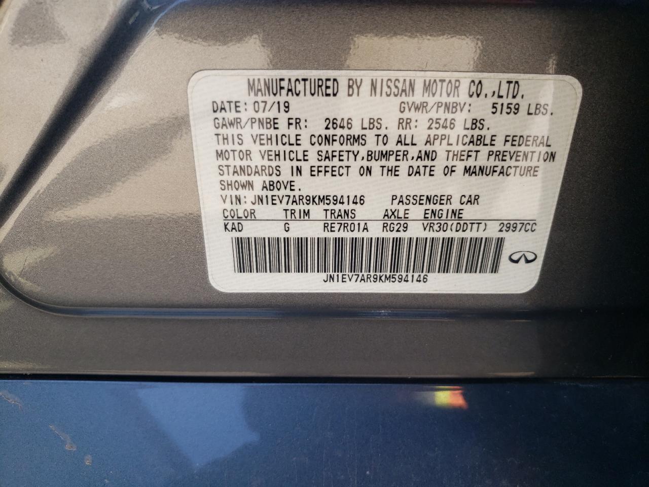 2019 Infiniti Q50 VIN JN1EV7AR9KM594146 Copart auction photo, minor dent/scratches damage thumbnail 12