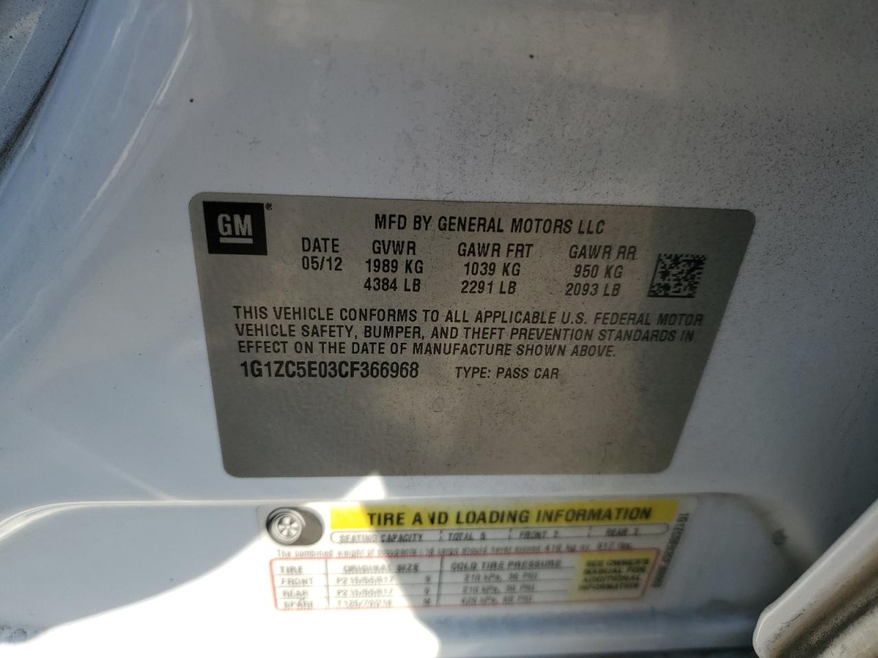 2012 Chevrolet Malibu VIN 1G1ZC5E03CF366968 Copart auction photo, rear end / front end damage thumbnail 15
