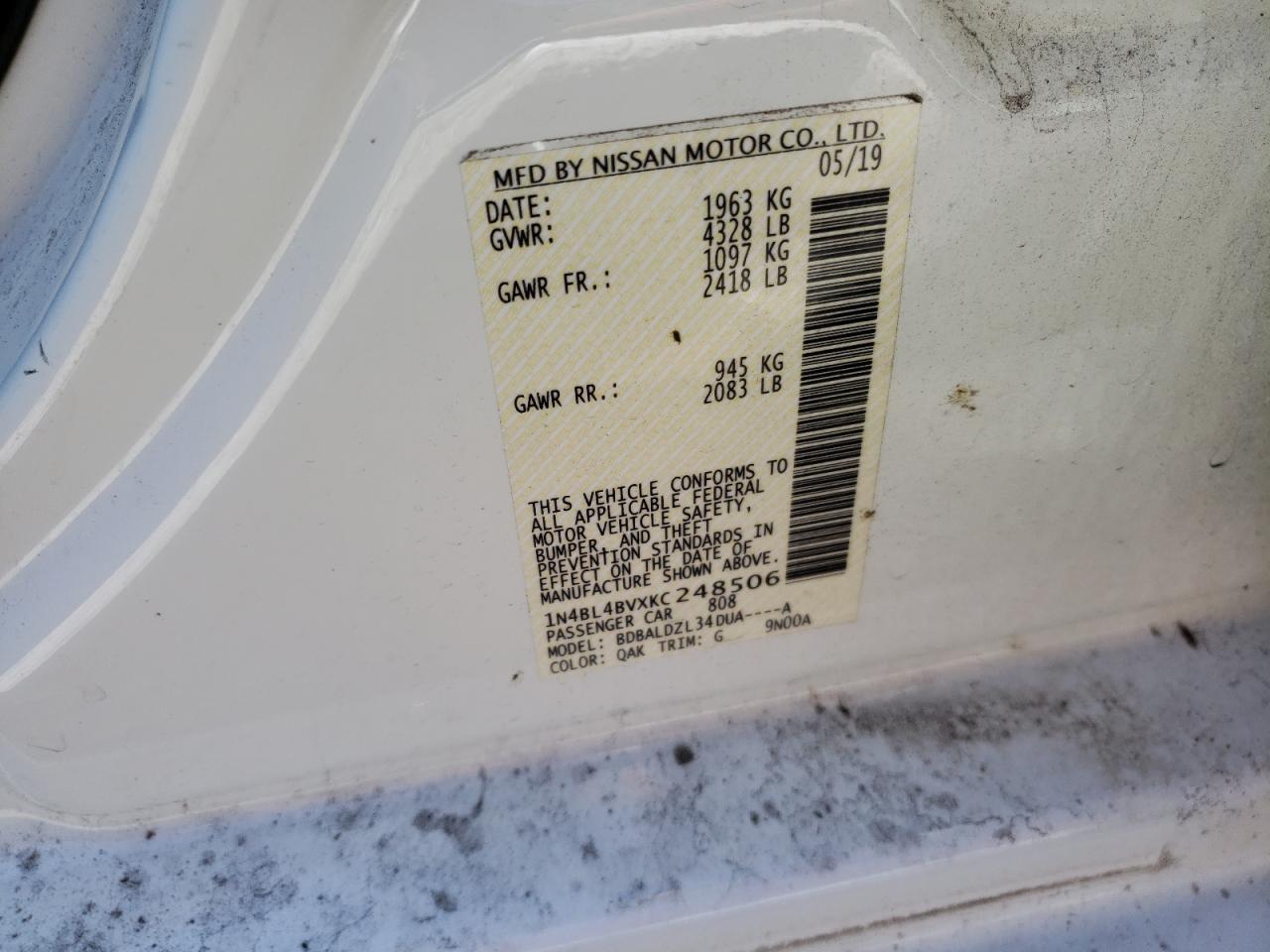 2019 Nissan Altima VIN 1N4BL4BVXKC248506 Copart auction photo, front end damage thumbnail 15