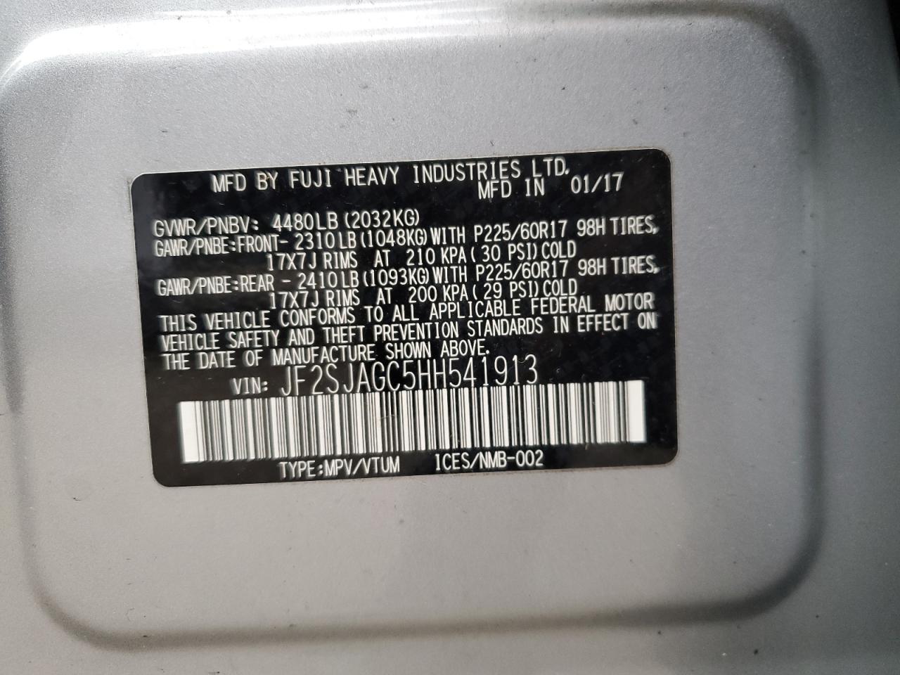 2017 Subaru Forester VIN JF2SJAGC5HH541913 Copart auction photo, side damage thumbnail 12