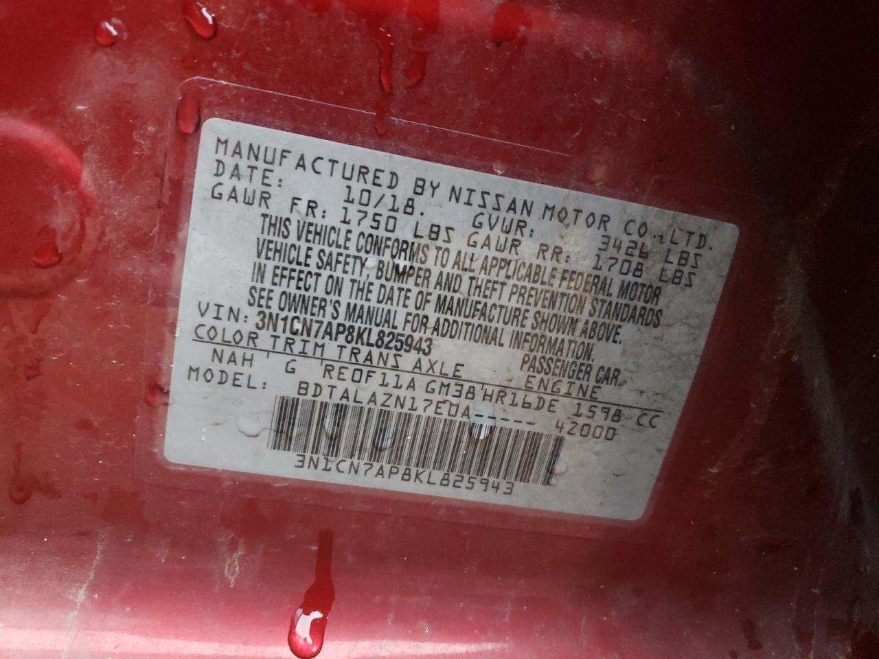 2019 Nissan Versa VIN 3N1CN7AP8KL825943 Copart auction photo, front end damage thumbnail 16