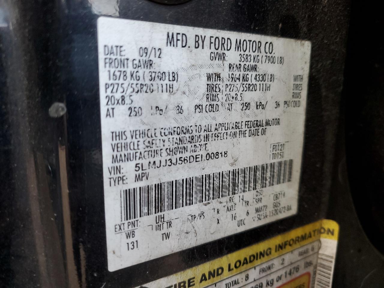 2013 Lincoln Navigator VIN 5LMJJ3J56DEL00818 Copart auction photo, mechanical damage thumbnail 13