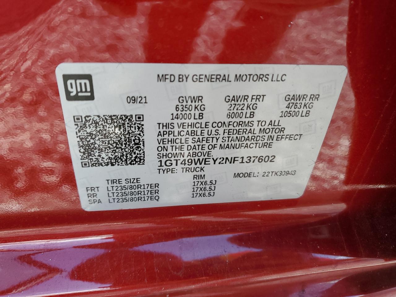 2022 GMC Sierra VIN 1GT49WEY2NF137602 Copart auction photo, side damage thumbnail 14