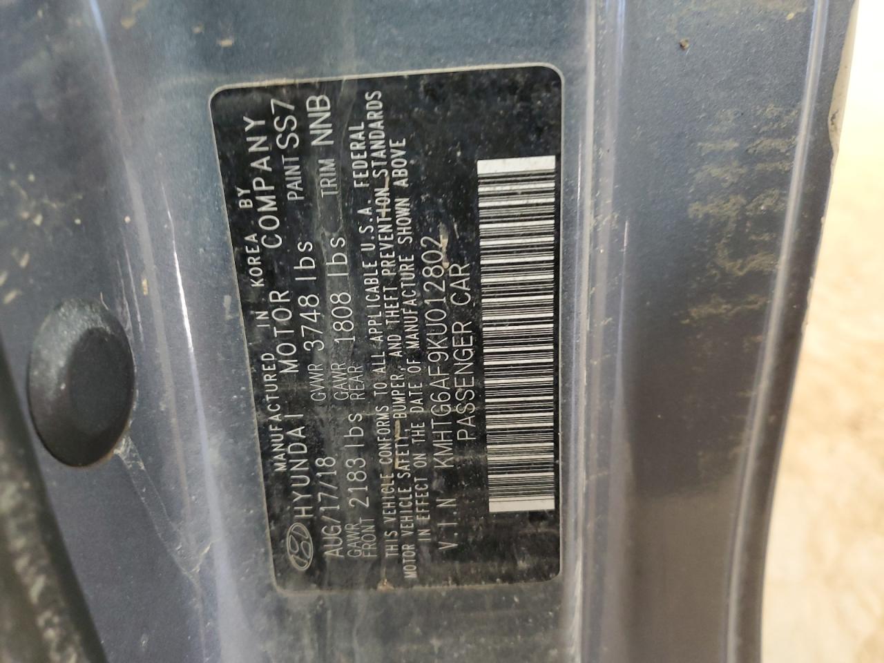 2019 Hyundai Veloster VIN KMHTG6AF9KU012802 Copart auction photo, water/flood damage thumbnail 13