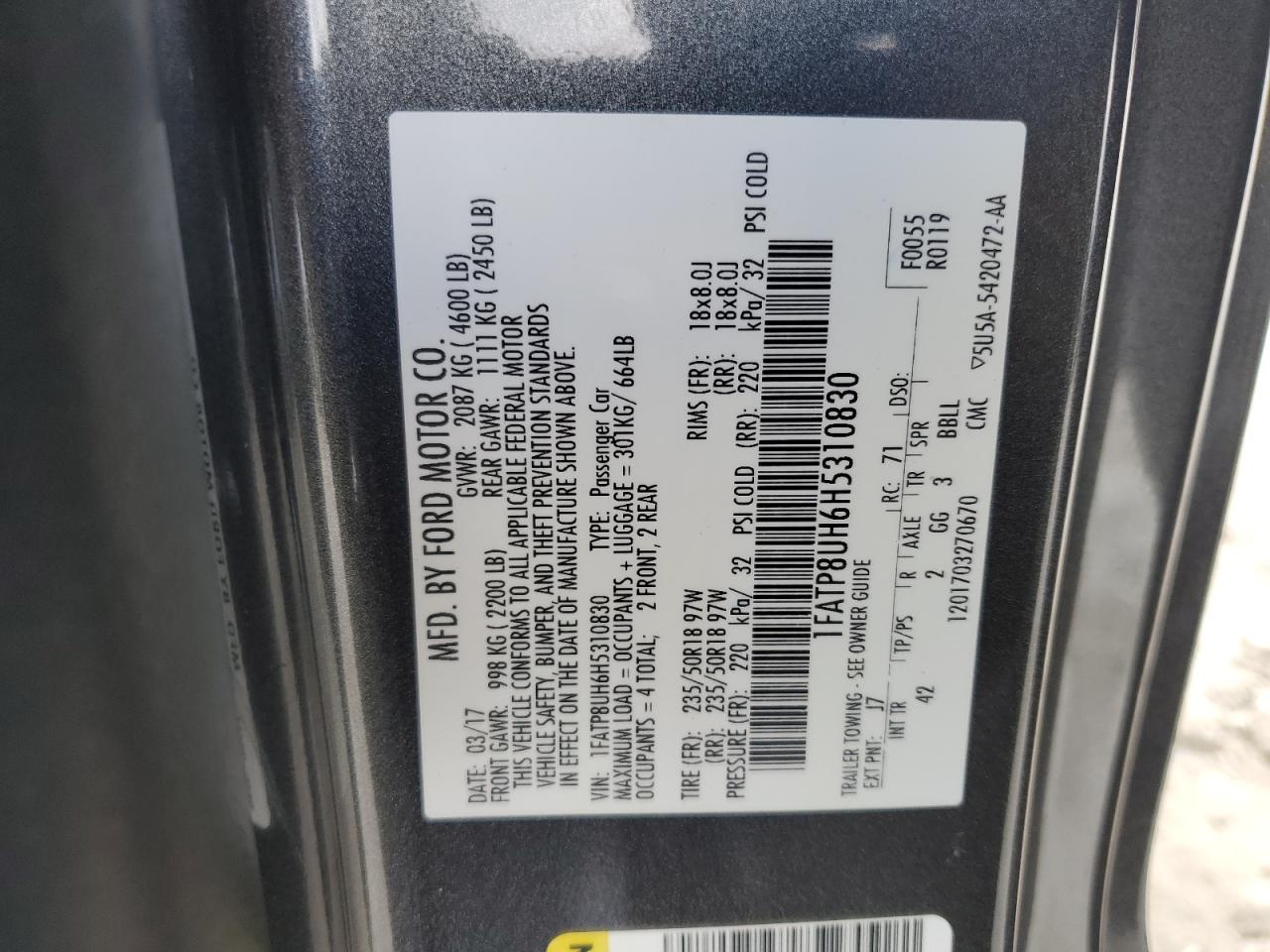 2017 Ford Mustang VIN 1FATP8UH6H5310830 Copart auction photo, all over damage thumbnail 14
