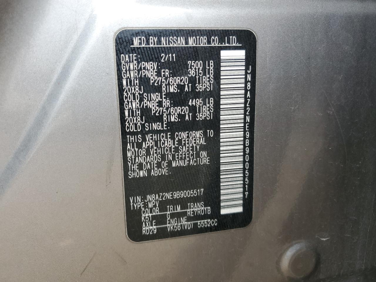 2011 Infiniti QX56 VIN JN8AZ2NE9B9005517 Copart auction photo, front end damage thumbnail 15