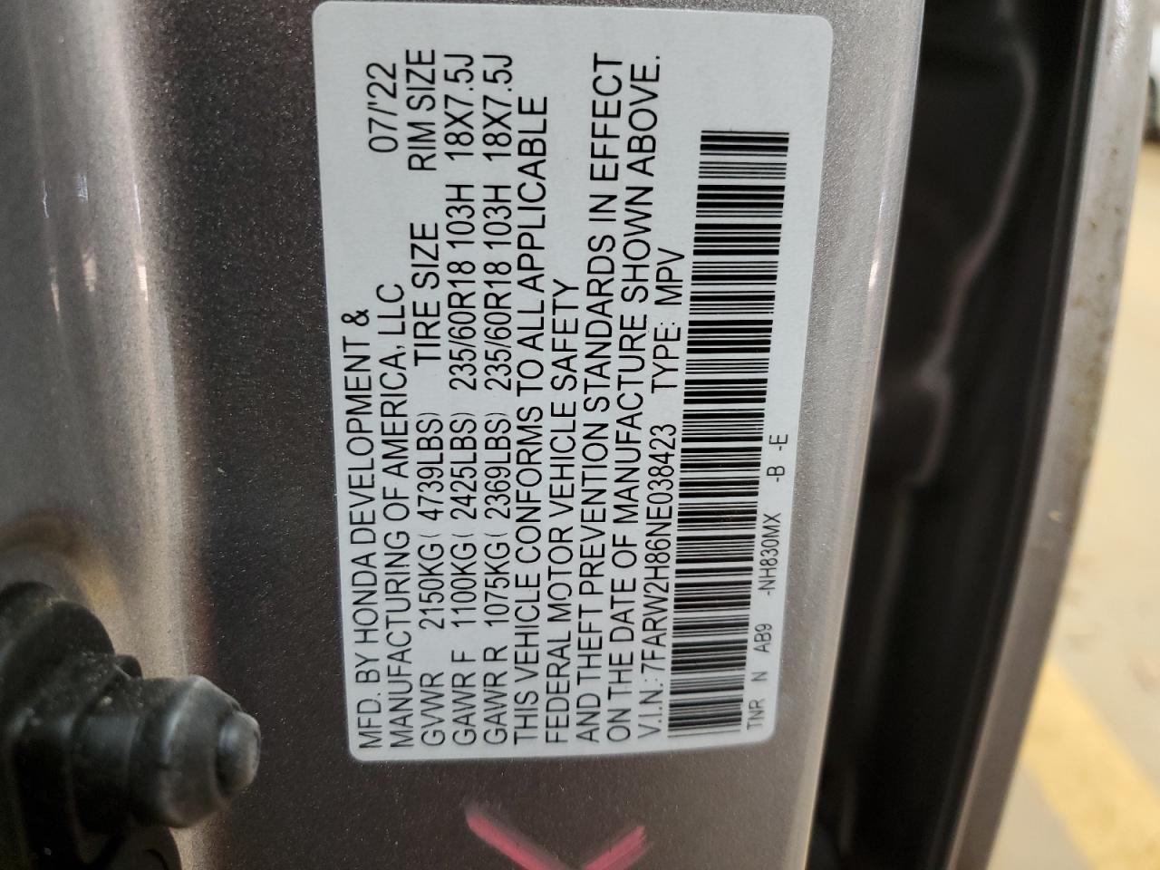 2022 Honda CR-V VIN 7FARW2H86NE038423 Copart auction photo, all over / undercarriage damage thumbnail 13