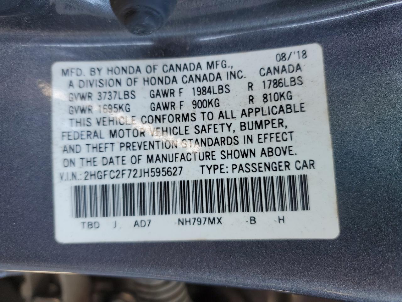 2018 Honda Civic VIN 2HGFC2F72JH595627 Copart auction photo, rear end / front end damage thumbnail 13