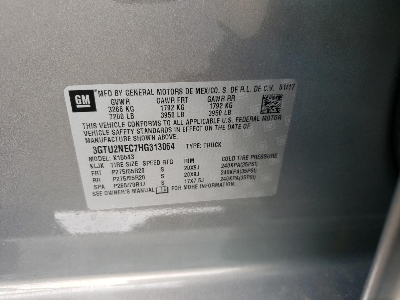 2017 GMC Sierra VIN 3GTU2NEC7HG313064 Copart auction photo, front end damage thumbnail 14
