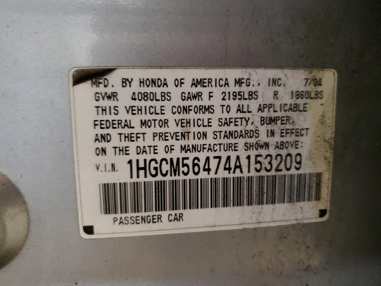 2004 Honda Accord VIN 1HGCM56474A153209 Copart auction photo, rear end damage thumbnail 12