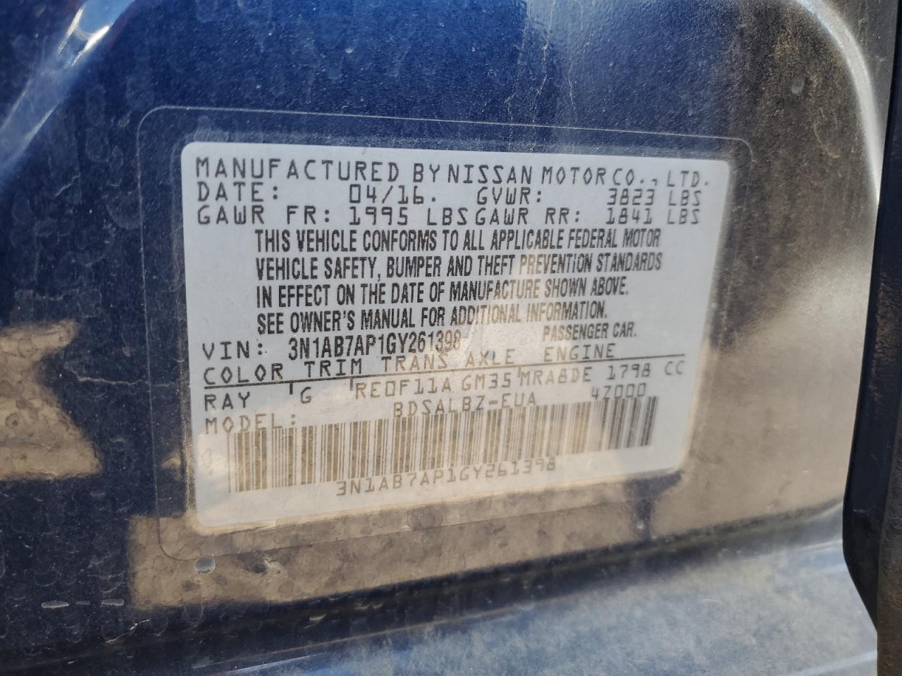 2016 Nissan Sentra VIN 3N1AB7AP1GY261398 Copart auction photo, rear end / front end damage thumbnail 12