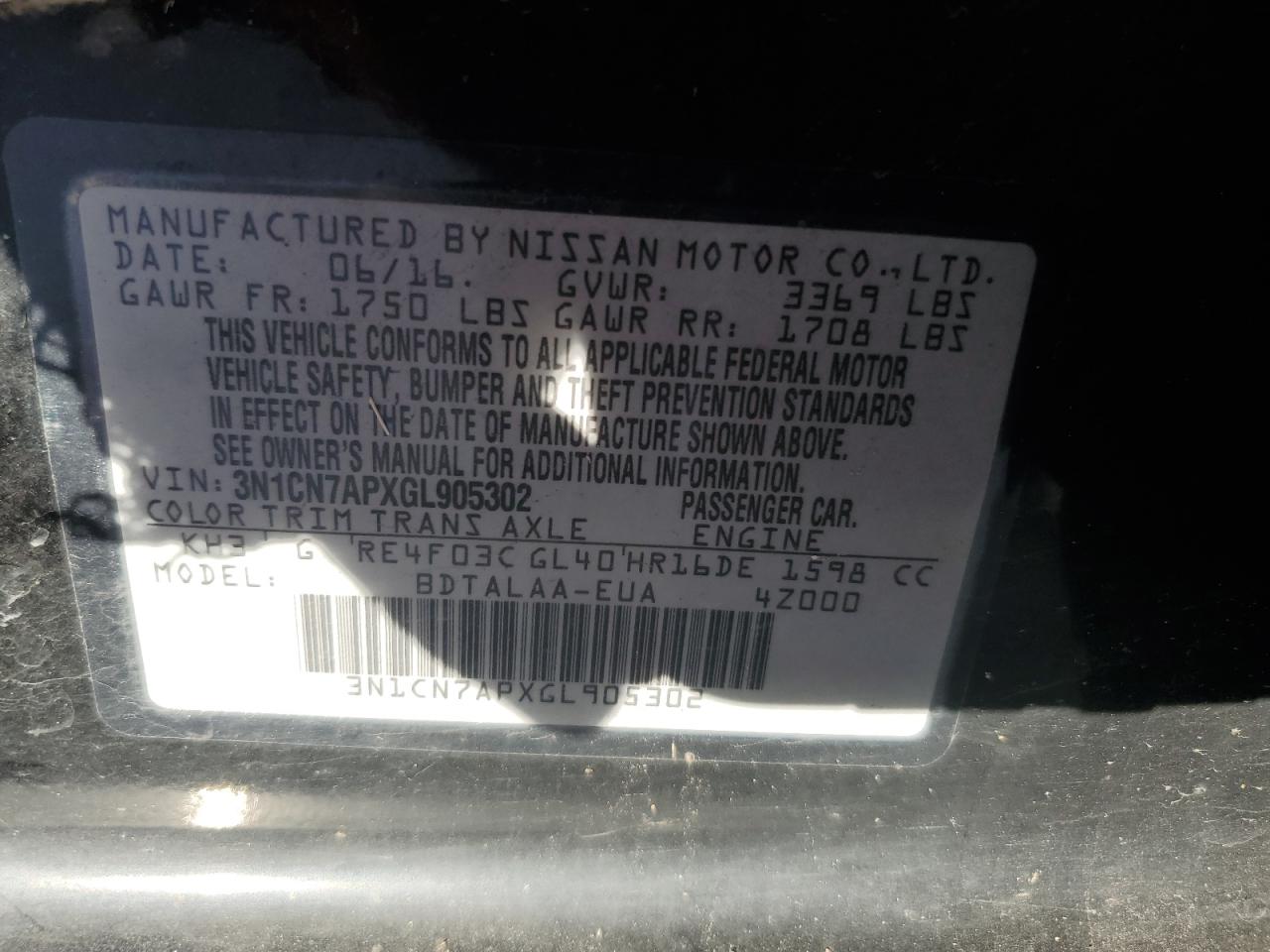 2016 Nissan Versa VIN 3N1CN7APXGL905302 Copart auction photo, top/roof damage thumbnail 12