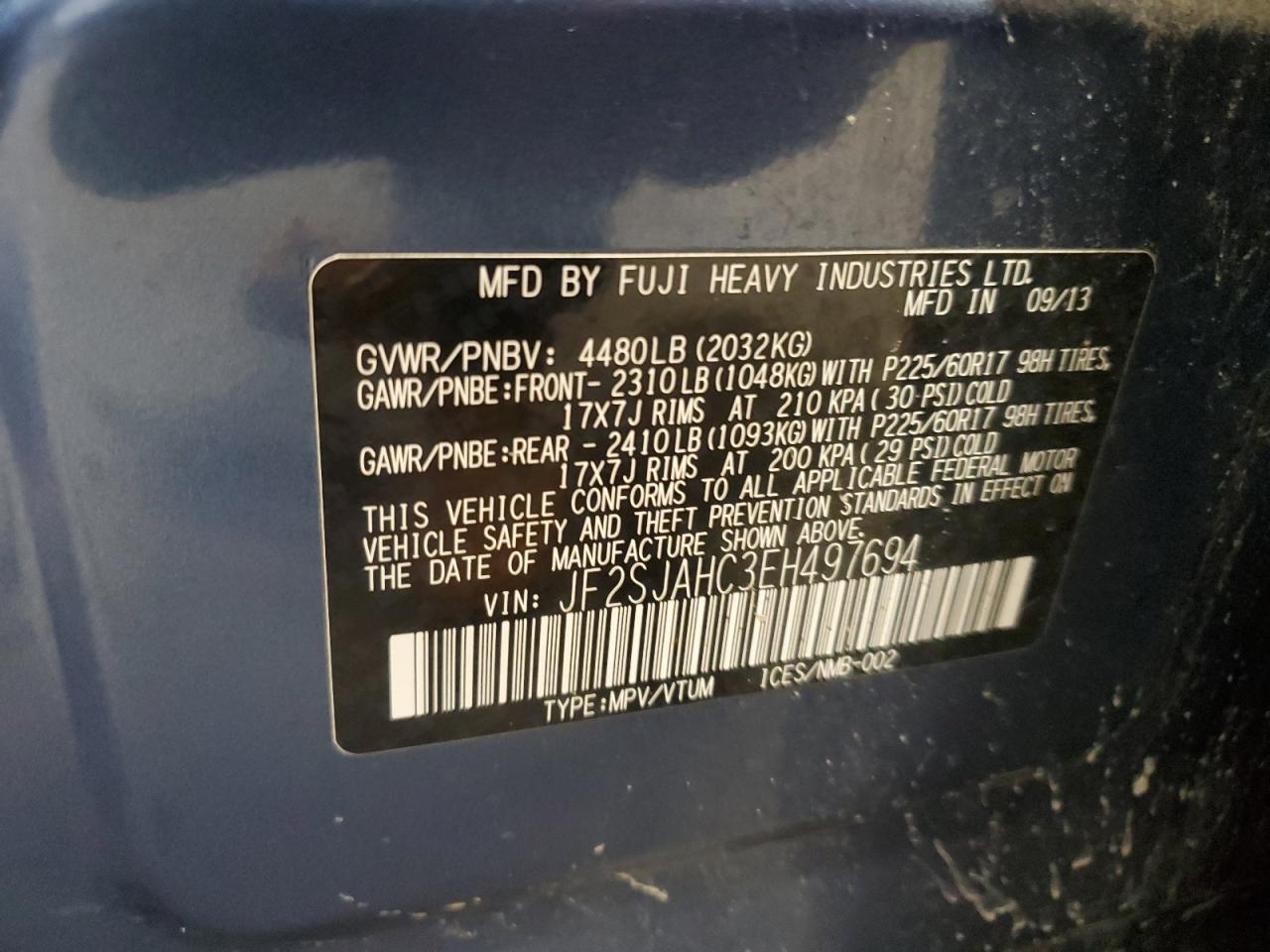 2014 Subaru Forester VIN JF2SJAHC3EH497694 Copart auction photo, front end / minor dent/scratches damage thumbnail 15