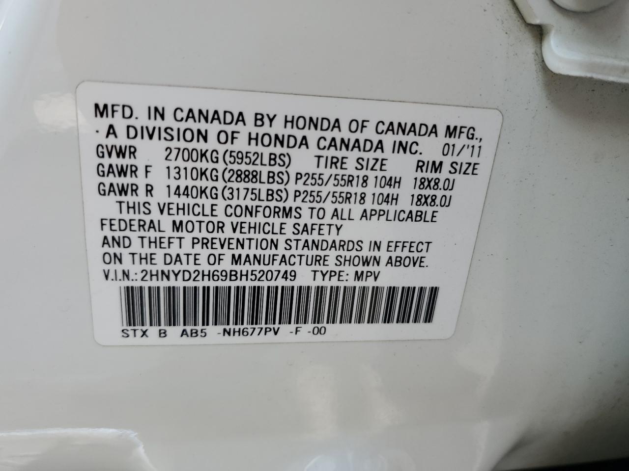 2011 Acura MDX VIN 2HNYD2H69BH520749 Copart auction photo, rear end damage thumbnail 14