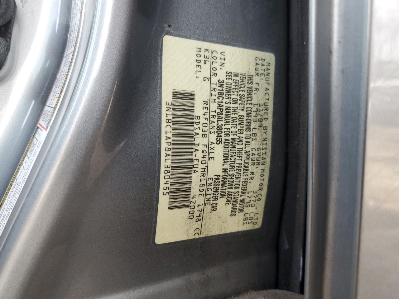 2010 Nissan Versa VIN 3N1BC1AP8AL380455 Copart auction photo, front end / rear end damage thumbnail 14