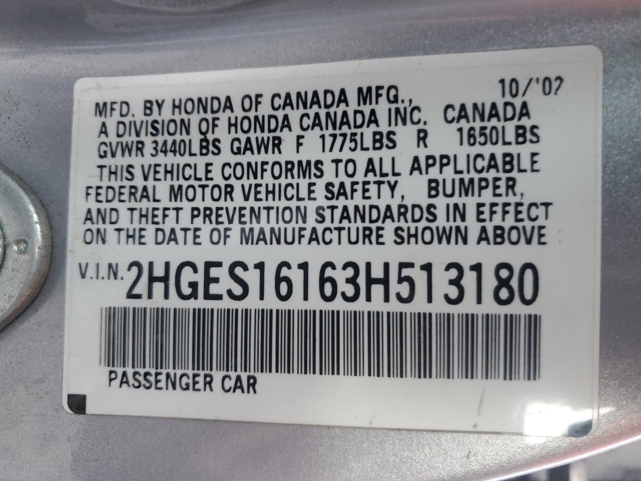 2003 Honda Civic VIN 2HGES16163H513180 Copart auction photo, side damage thumbnail 12