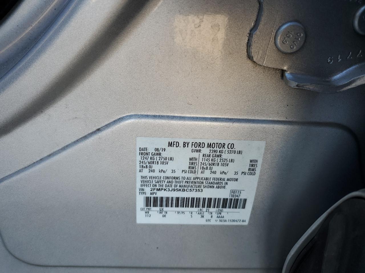 2019 Ford Edge VIN 2FMPK3J95KBC57353 Copart auction photo, front end damage thumbnail 16