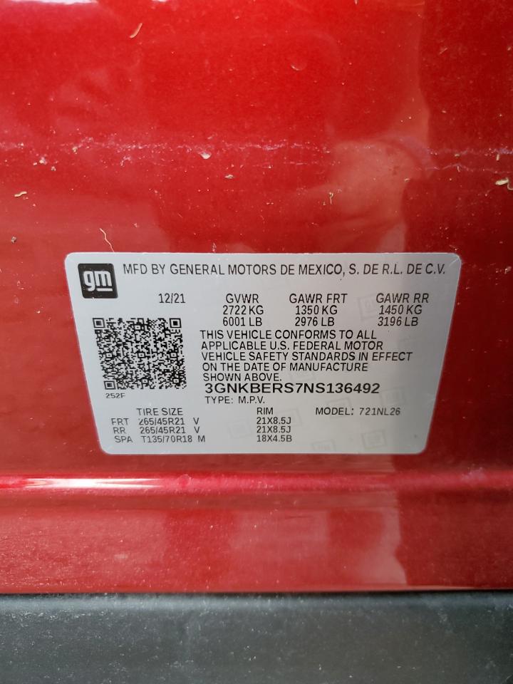 2022 Chevrolet Blazer VIN 3GNKBERS7NS136492 Copart auction photo, water/flood damage thumbnail 14