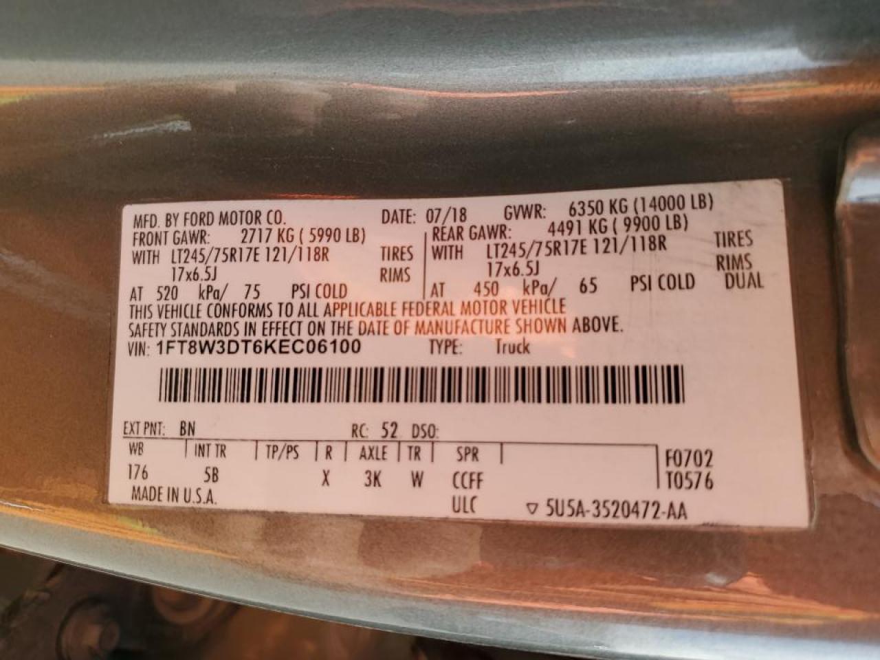 2019 Ford F350 VIN 1FT8W3DT6KEC06100 Copart auction photo, side damage thumbnail 12