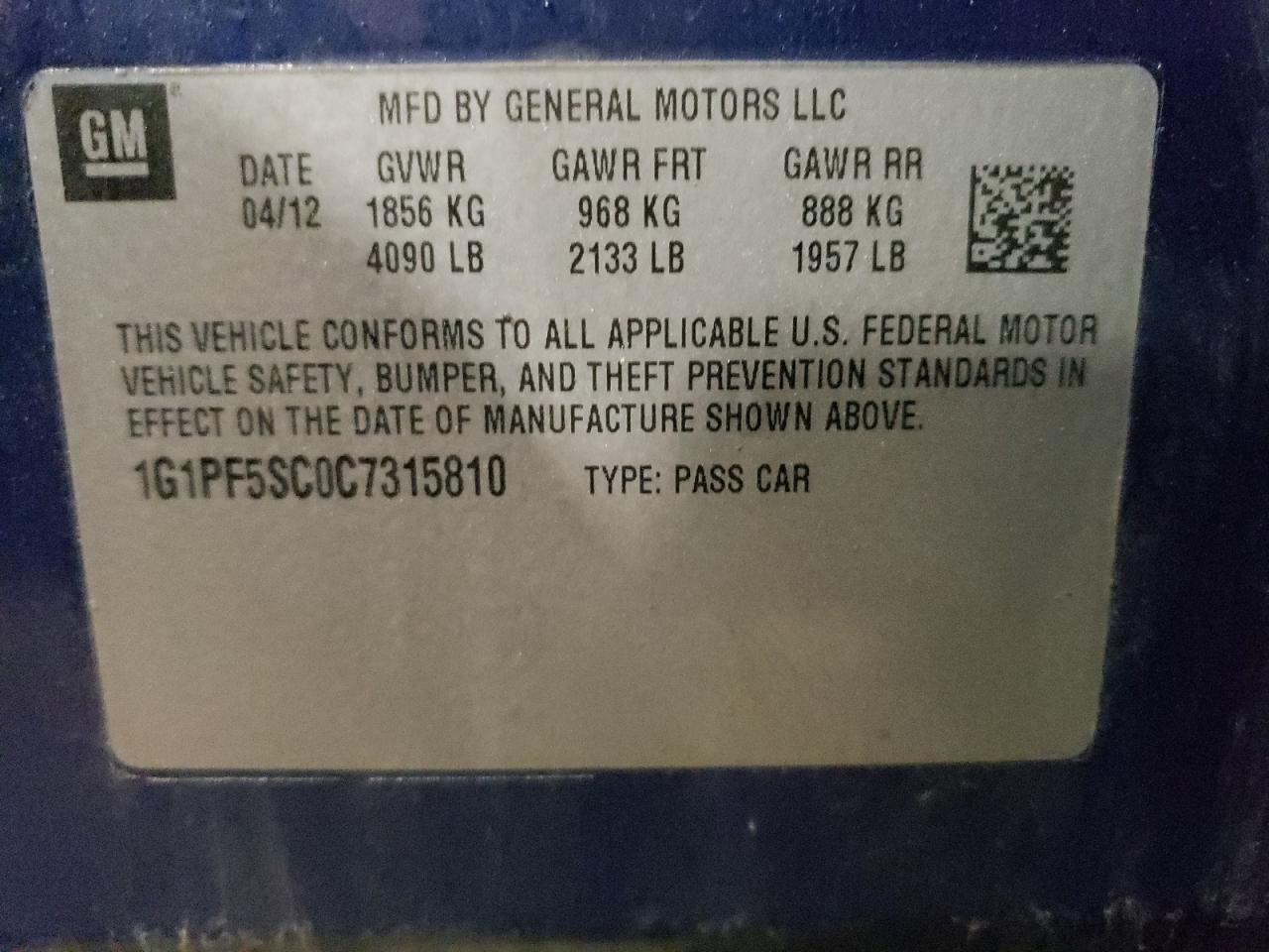 2012 Chevrolet Cruze VIN 1G1PF5SC0C7315810 Copart auction photo, front end damage thumbnail 15