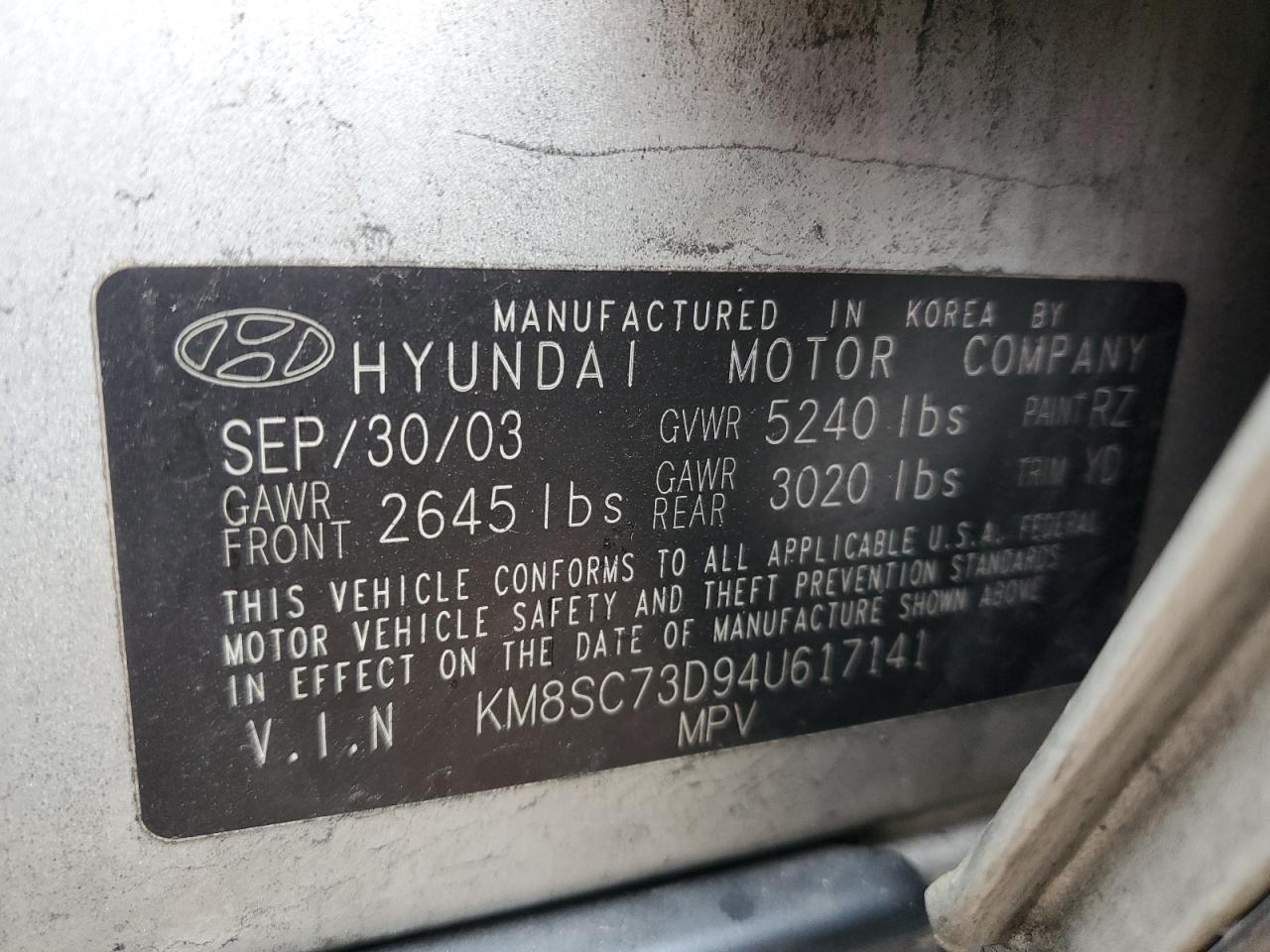 2004 Hyundai Santa Fe VIN KM8SC73D94U617141 Copart auction photo, front end damage thumbnail 16