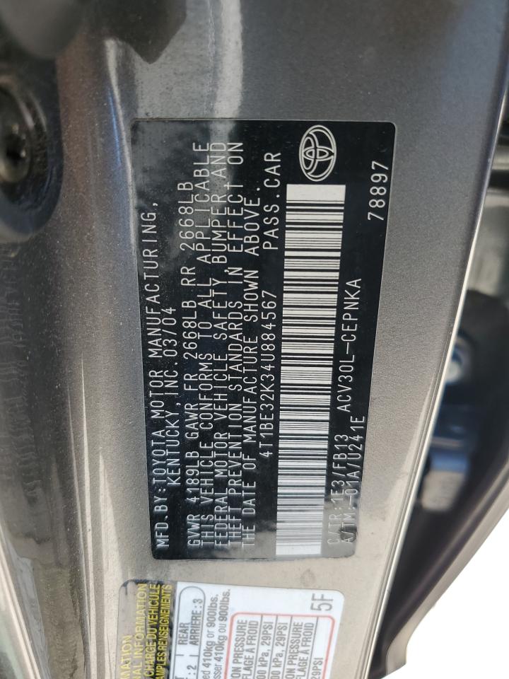 2004 Toyota Camry VIN 4T1BE32K34U884567 Copart auction photo, hail damage thumbnail 12