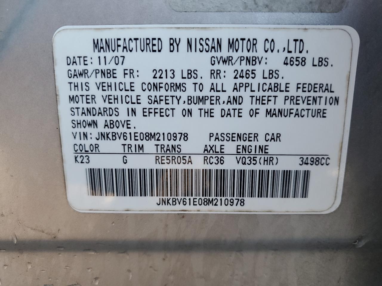 2008 Infiniti G VIN JNKBV61E08M210978 Copart auction photo, front end damage thumbnail 13