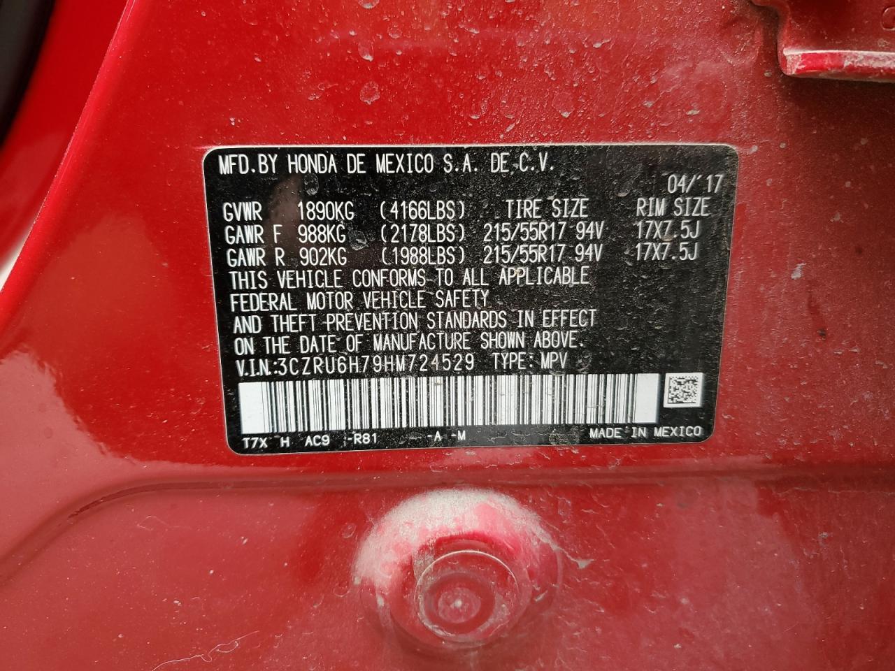 2017 Honda HR-V VIN 3CZRU6H79HM724529 Copart auction photo, front end damage thumbnail 15