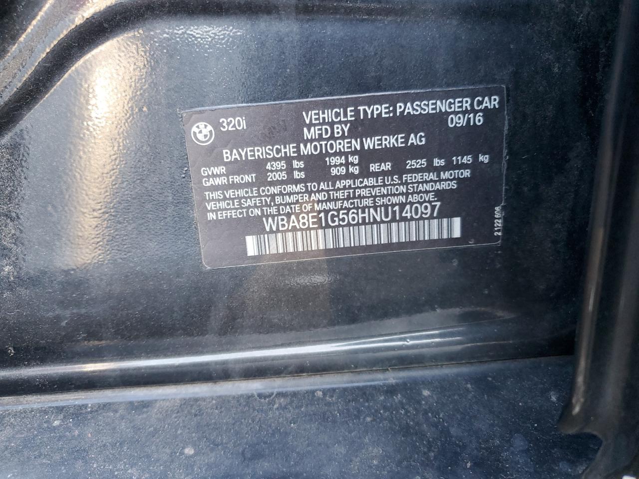 2017 BMW 3er VIN WBA8E1G56HNU14097 Copart auction photo, hail damage thumbnail 12