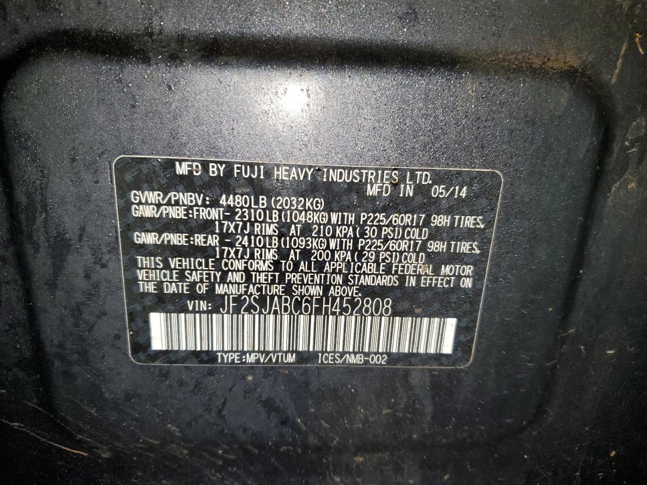 2015 Subaru Forester VIN JF2SJABC6FH452808 Copart auction photo, all over damage thumbnail 13